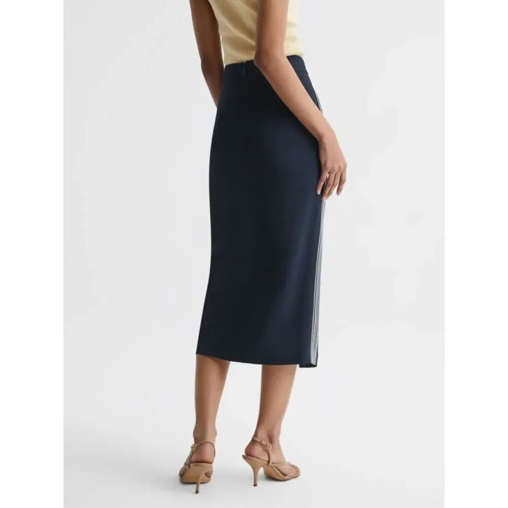 REISS Pia Navy High Rise Midi Pencil Skirt Side Stripe Slit US 4 MSRP $295